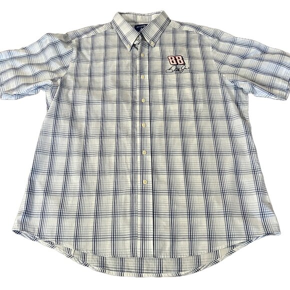 Antigua Men's XL Dale Earnhart Jr Short Sleeve Button Down Plaid Shirt - Picture 2 of 5
